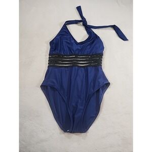 Cillet Swimsuit One Piece Royal Blue Sheer Waist Mesh Stripes Soft Cups ‎ Medium